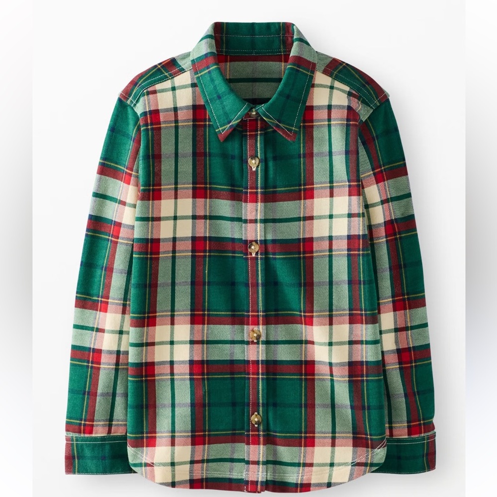 *French Terry Plaid Button-Up Shirt Jacket in Green, Red & Cream